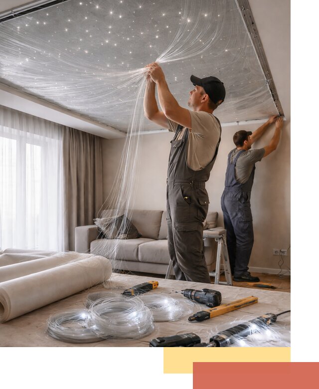 Монтаж натяжного потолка «Звездное небо» в клине