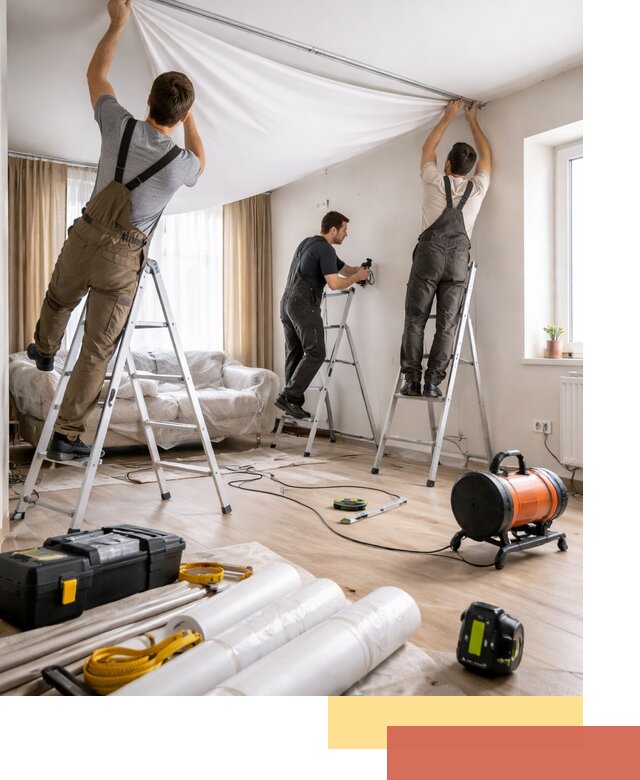 Монтаж натяжного потолка в гостиной в клине